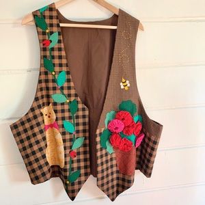 Handmade Patchwork Fall Vest w Cat & 3D Flowers